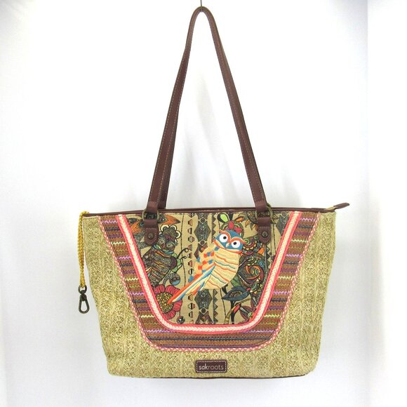Sakroots Meadow Medium Beige and Multicolor Satchel with Embroidered Owl - Picture 1 of 11